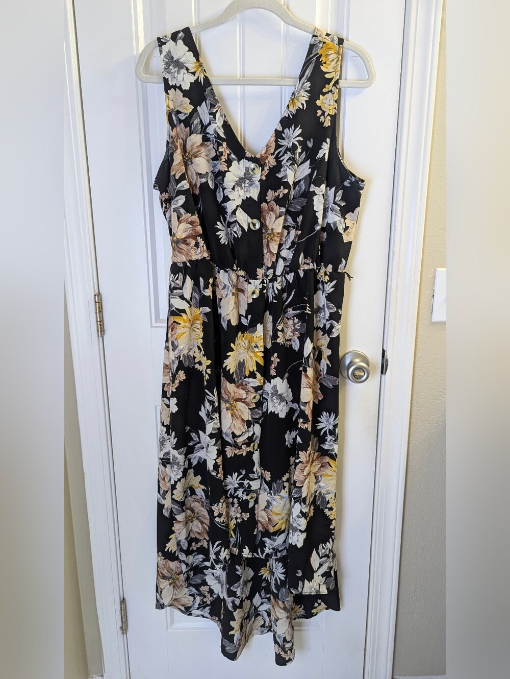 Black Floral Button-Front Maxi Dress with Yellow and Cream Blooms - Asymmetrical